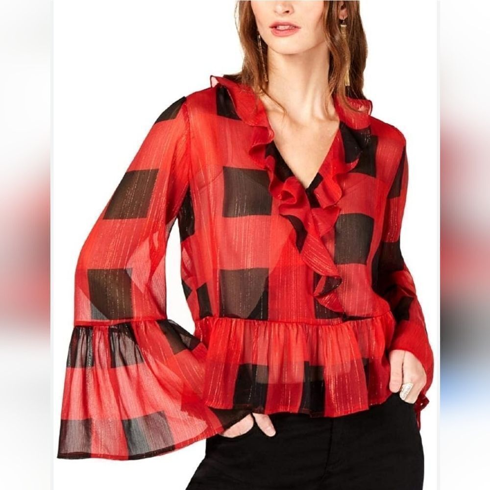 INC Sheer Peplem Blouse w/Gold Metallic & Bell Sleeves with Free Bralette